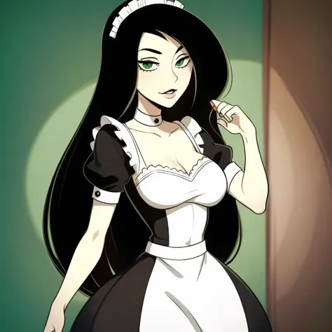 <lora:ShegoV1:0.6>shego, 1girl, (((maid dress))),black hair, black lips, green eyes, lips, long hair, looking at viewer, makeup,multicolored clothes