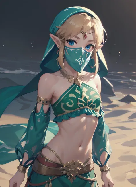 link, gerudo set,crop top ,detached sleeves,harem pants, mouth veil,veil , ,navel,looking at viewer,smile <lora:Link_Gerudo_set-768-2_v1:0.8>, masterpiece, high quality,