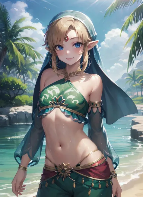 link, gerudo set ,detached sleeves, veil,harem pants ,oasis,water, wet, sweat,looking at viewer, shiny skin, navel ,see-through, smile <lora:Link_Gerudo_set-768-2_v1:0.8>, masterpiece, high quality,