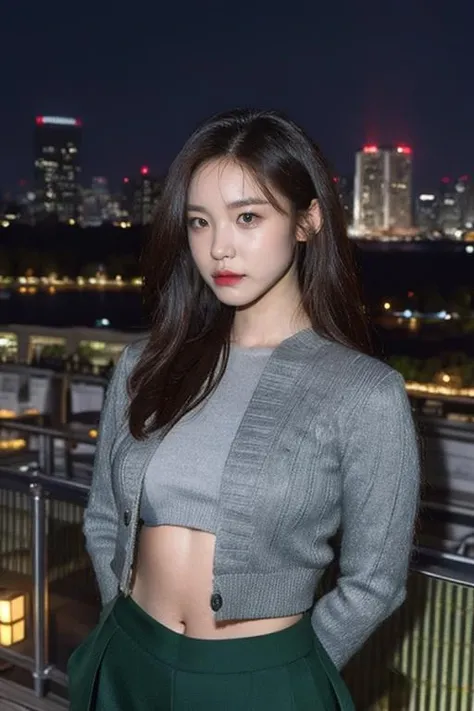 Fujifilm XT3, 8k,close up photo, masterpiece, best quality, (((1girl))), solo,realistic, ((looking at viewer)), photorealistic, (extremely detailed face), looking at viewer, ((ultra-detailed eyes and pupils)), ultra detailed, serious expression, cropped top,shirts, (standing against a city skyline at night), (rooftop), Suit skirt, ((navel)), arms behind back,<lora:hyoseonglorashy:1>