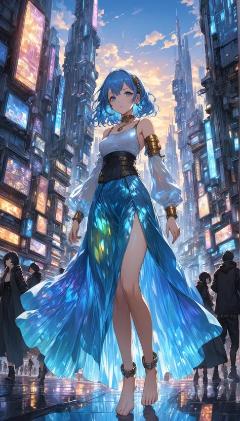 1girl, armlet, barefoot, blue_eyes, blue hair, blush, collarbone, dress, jewelry,
amidst the towering skyscrapers of a cyberpunk Neo-Tokyo,
[evangelion:cyberpunk edgerunners:0.5], reflective transparent iridescent opaque clothing, long sleeves, flowing dress, long skirt,
very aesthetic, highres, 4k, 8k, intricate detail, cinematic lighting, amazing quality, amazing shading, detailed Illustration, official artwork, wallpaper, official art,
extremely detailed eyes and face, beautiful detailed eyes,
full body, thigh gap,
<lora:granblue_fantasy_style_xl:0.8>, granblue, 
<lora:aesthetic_anime_v1s:0.6>,
 <lora:add-detail-xl:0.75>,
<lora:quality1:0.75>,
<lora:extremely_detailed:0.6>, extremely detailed,
<lora:IOS_Iridescent_opal_style:0.2>