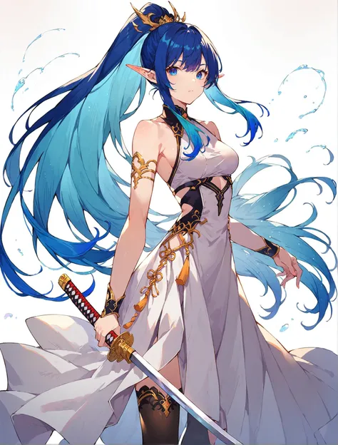score_9, score_8_up, score_7_up, score_6_up, source anime,
1girl, elf, katana, pointy ears, long hair, bangs, uneven horns, black legwear, blue hair, high ponytail, blue eyes, dress, gradient hair, hair_ornament, multicolored_hair, jewelry, holding sword, cowboy shot
<lora:granblue_fantasy_style_pony:1>