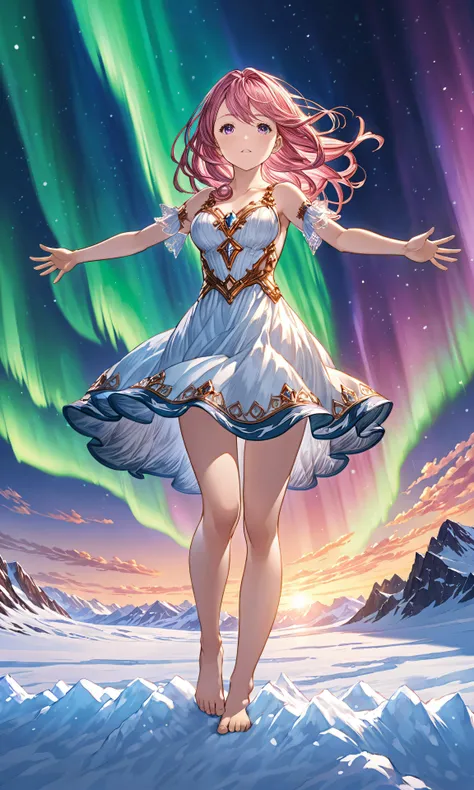<lora:granblue_fantasy_style_xl:0.8>,granblue_fantasy_style_xl,granblue,((masterpiece)),<lora:add-detail-xl:0.8>,<lora:detailed_notrigger:0.7>,ultra detailedd,wallpaper,extremely detailed eyes and face,beautiful detailed eyes,((best quality)),highres,1 girl,(solo),pink hair,pink eyes,barefoot,white dress,breasts,Standing on the snowfield,look up,Reach out to the sky,night,((aurora)),Antarctica,glacier,score_9,score_8_up,score_7_up,score_6_up,anime,cinematic lighting,amazing quality,amazing shading,detailed Illustration,official artwork,wallpaper,official art,<lora:HandFineTuning_XL:0.6>,(detailed skin:1.1),outstretched_arms,