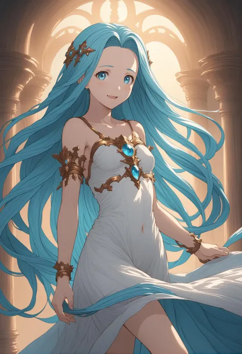 granblue, 1girl, armlet, barefoot, blue_eyes, blue_hair, blush, breasts, collarbone, dress, full_body, jewelry, looking_at_viewer, lyria_\(granblue_fantasy\), open_mouth, short_dress, simple_background, small_breasts, smile, solo, standing, very_long_hair, white_background, white_dress
shaded face, intricate detail, cinematic lighting, amazing quality, amazing shading, detailed Illustration, official artwork, wallpaper, extremely detailed eyes and face, beautiful detailed eyes, ((masterpiece, best quality)),
<lora:granblue_fantasy_style_xl:0.8>