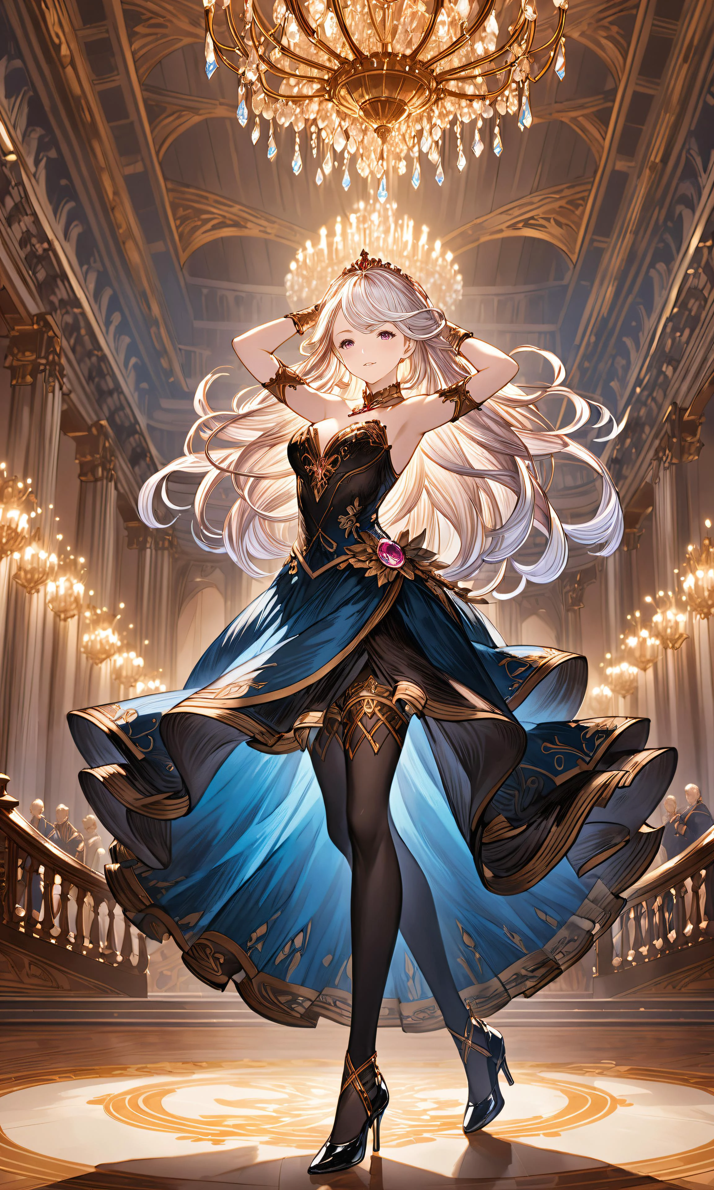 <lora:granblue_fantasy_style_xl:0.8>,granblue_fantasy_style_xl,granblue,((masterpiece)),<lora:add-detail-xl:0.8>,<lora:detailed_notrigger:0.7>,ultra detailedd,wallpaper,extremely detailed eyes and face,beautiful detailed eyes,((best quality)),highres,1 women,(solo),white hair,pink eyes,black dress,black stockings,(black high heels),dancing,royal dance event,in palace,score_9,score_8_up,score_7_up,score_6_up,anime,cinematic lighting,amazing quality,amazing shading,detailed Illustration,official artwork,wallpaper,official art,<lora:HandFineTuning_XL:0.9>,(detailed skin:1.1),(hand_in_hair),