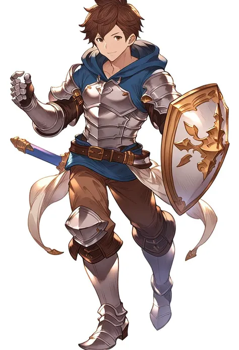 score_9, score_8_up, score_7_up, score_6_up, masterpiece, BREAK source anime, granblue_fantasy_style_xl, granblue, gran (granblue fantasy), 
1boy, full body, male focus, silver armor, solo, brown hair, brown eyes, looking at viewer, gauntlets, pants, hood, boots, brown pants, belt, hood down, armored boots, bangs, short hair, blue shirt, hoodie, (breastplate), 
standing, smile,
holding_weapon, holding_sword, holding_shield,
<lora:granblue_fantasy_style_pony:1> ,   <lora:UBW_XLPD:0.6>