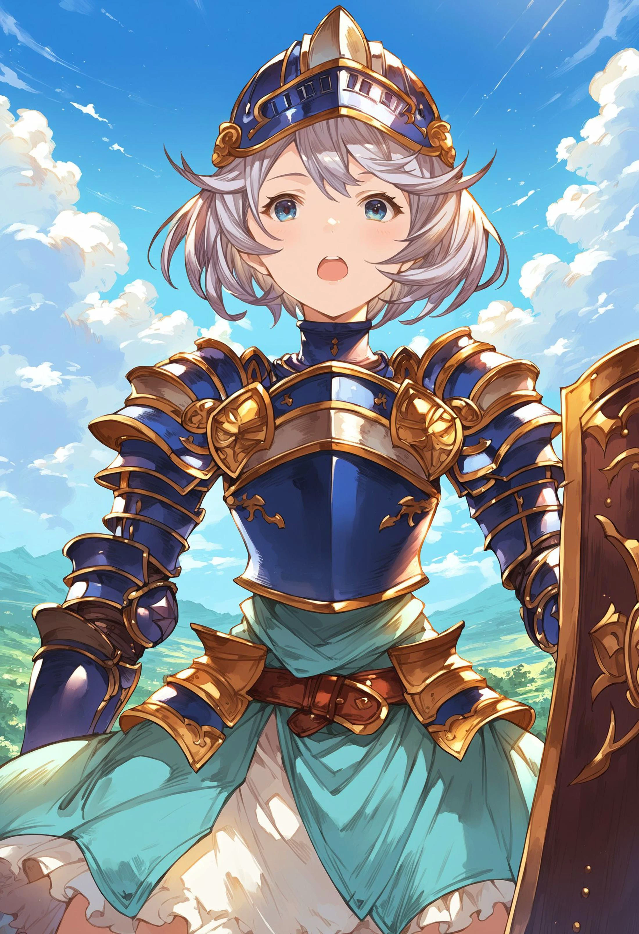 gbfpnxl, 1girl, farrah \(granblue fantasy\), solo, open mouth, short hair, upper body, grey hair, armor, helmet, shoulder armor, gauntlets, sheath, legs apart, shield, breastplate, armored blue armor outdoors, scenery, close-up, clouds, dappled sunlight,
score_9, score_8_up, score_7_up, score_6_up, source anime, masterpiece, best quality, very aesthetic, absurdres
<lora:granblue_fantasy_v2:1>