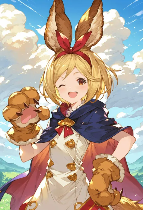 gbfpnxl, 1girl, djeeta \(granblue fantasy\), solo, looking at viewer, smile, open mouth, short hair, blonde hair, gloves, animal ears, brown eyes, tail, upper body, hairband, one eye closed, cape, hand on own hip, ;d, animal hands, paw gloves, paw shoes outdoors, scenery, close-up, clouds, dappled sunlight,
score_9, score_8_up, score_7_up, score_6_up, source anime, masterpiece, best quality, very aesthetic, absurdres
<lora:granblue_fantasy_v2:1>