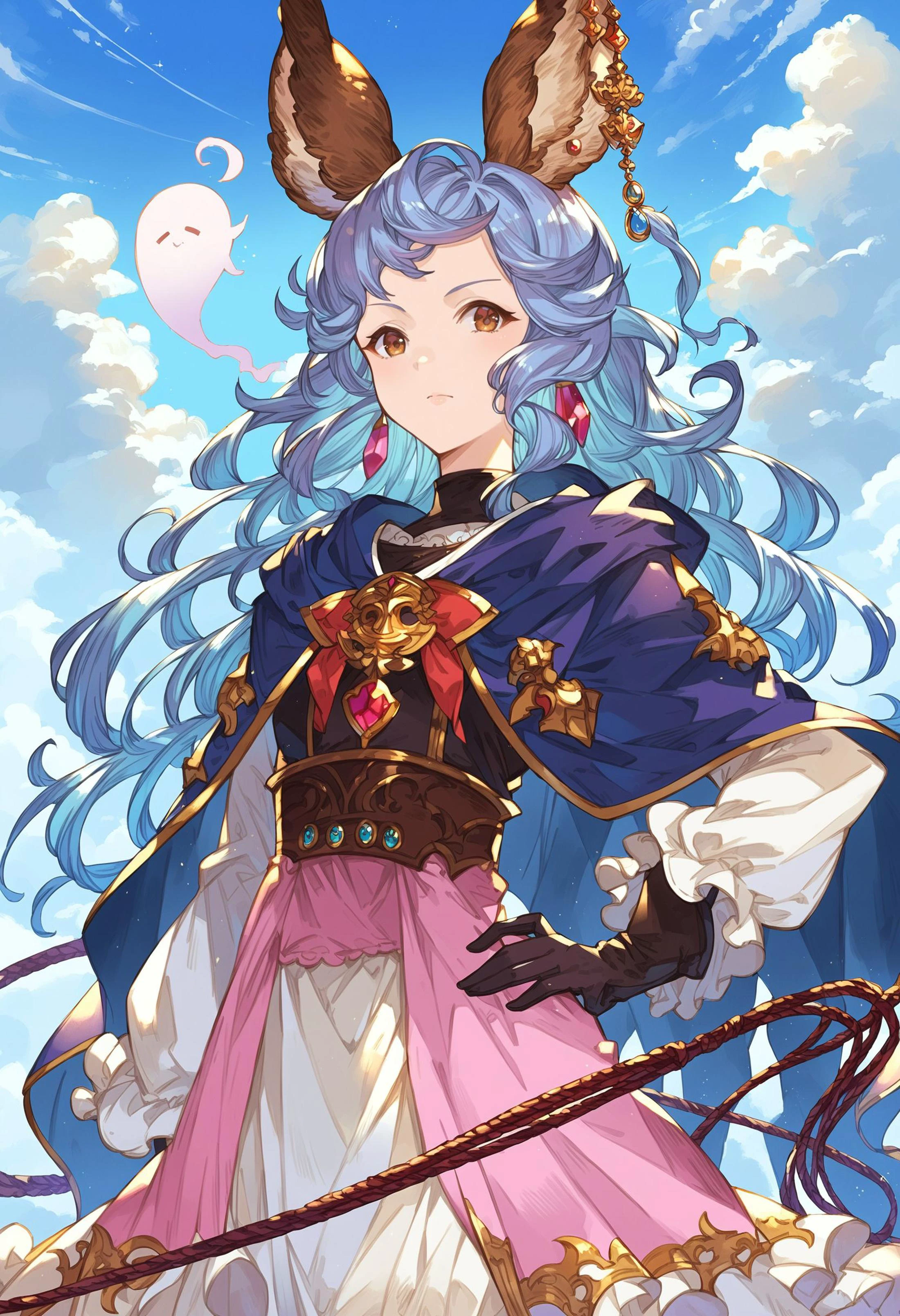 gbfpnxl, 1girl, ferry \(granblue fantasy\), solo, long hair, looking at viewer, skirt, gloves, animal ears, jewelry, brown eyes, blue hair, upper body, earrings, black gloves, cape, hand on own hip, wavy hair, ghost, whip outdoors, scenery, close-up, clouds, dappled sunlight,
score_9, score_8_up, score_7_up, score_6_up, source anime, masterpiece, best quality, very aesthetic, absurdres
<lora:granblue_fantasy_v2:1>