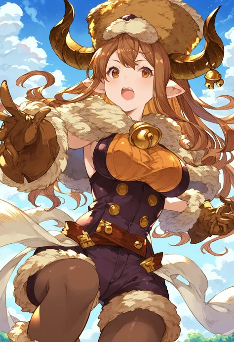 gbfpnxl, 1girl, daetta \(granblue fantasy\), solo, long hair, breasts, open mouth, large breasts, brown hair, gloves, hat, brown eyes, upper body, pantyhose, horns, shorts, pointy ears, :o, fur trim, bell, knee outstretched arm, brown gloves, underbust, animal hat, draph outdoors, scenery, close-up, clouds, dappled sunlight,
score_9, score_8_up, score_7_up, score_6_up, source anime, masterpiece, best quality, very aesthetic, absurdres
<lora:granblue_fantasy_v2:1>