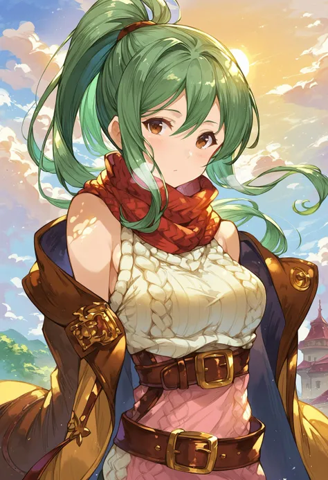 gbfpnxl, 1girl, herja \(granblue\), solo, long hair, breasts, looking at viewer, dress, thighhighs, bare shoulders, brown eyes, upper body, ponytail, green hair, belt, scarf, coat, sweater, zettai ryouiki, brown footwear, thigh breath, high heel sweater dress outdoors, scenery, close-up, clouds, dappled sunlight,
score_9, score_8_up, score_7_up, score_6_up, source anime, masterpiece, best quality, very aesthetic, absurdres
<lora:granblue_fantasy_v2:1>