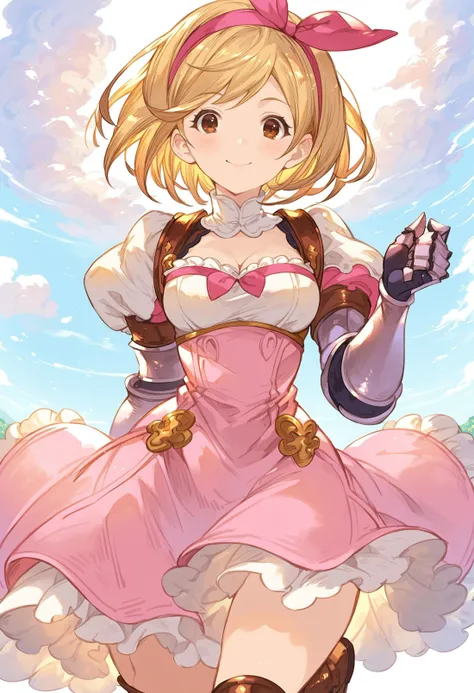 gbfpxnl, 1girl, djeeta \(granblue fantasy\), blonde hair, breasts, brown eyes, brown footwear, cleavage, dress, upper body, gauntlets, hairband, looking at viewer, medium breasts, pink dress, pink hairband, pink skirt, puffy short sleeves, puffy sleeves, sheath, short hair, smile, solo, thigh thighhighs, white background outdoors, scenery, close-up, clouds, dappled sunlight,
score_9, score_8_up, score_7_up, score_6_up, source anime, masterpiece, best quality, very aesthetic, absurdres
<lora:granblue_fantasy_v2:1>