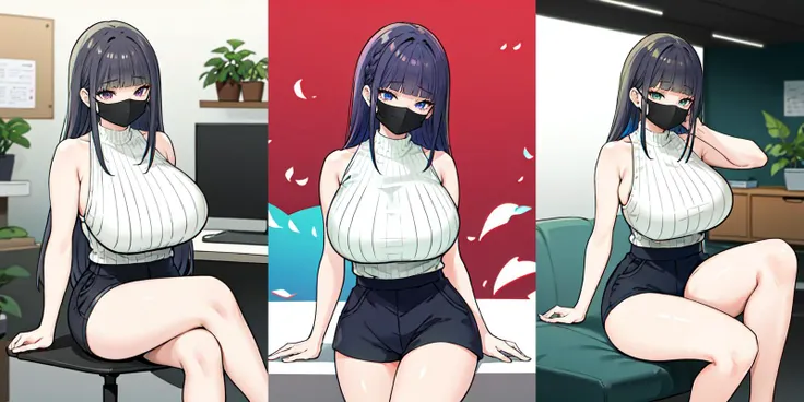 highly insanely detailed, masterpiece, top quality, best quality, highres, 4k, 8k, RAW photo, (very aesthetic, beautiful and aesthetic),
1girl,
<lora:aimi:0.6>, aimi, 1girl, blunt bangs, sidelocks, large breasts, looking at viewer, bangs, bare shoulders, black shorts, breasts, eyebrows visible through hair, huge breasts, monitor, (surgical mask, mouth mask), office, plant, potted plant, ribbed shirt,
shorts, sitting, solo,
ribbed sweater, sleeveless, sleeveless sweater, sweater,
__lazy-wildcards/prompts/hair__,
__lazy-wildcards/prompts/eyes__,
__lazy-wildcards/dataset/background-color__,
(flower, falling petals, petals on liquid, petals, cherry blossom:0.8),