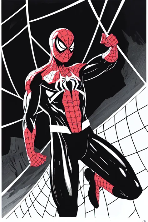 Line Art Styler, solo, 1boy,monochrome, greyscale, male focus, bodysuit, mask, traditional media, superhero, silk, spider web, spider web print, swinging <lora:Line_Art_Lora:0.8>