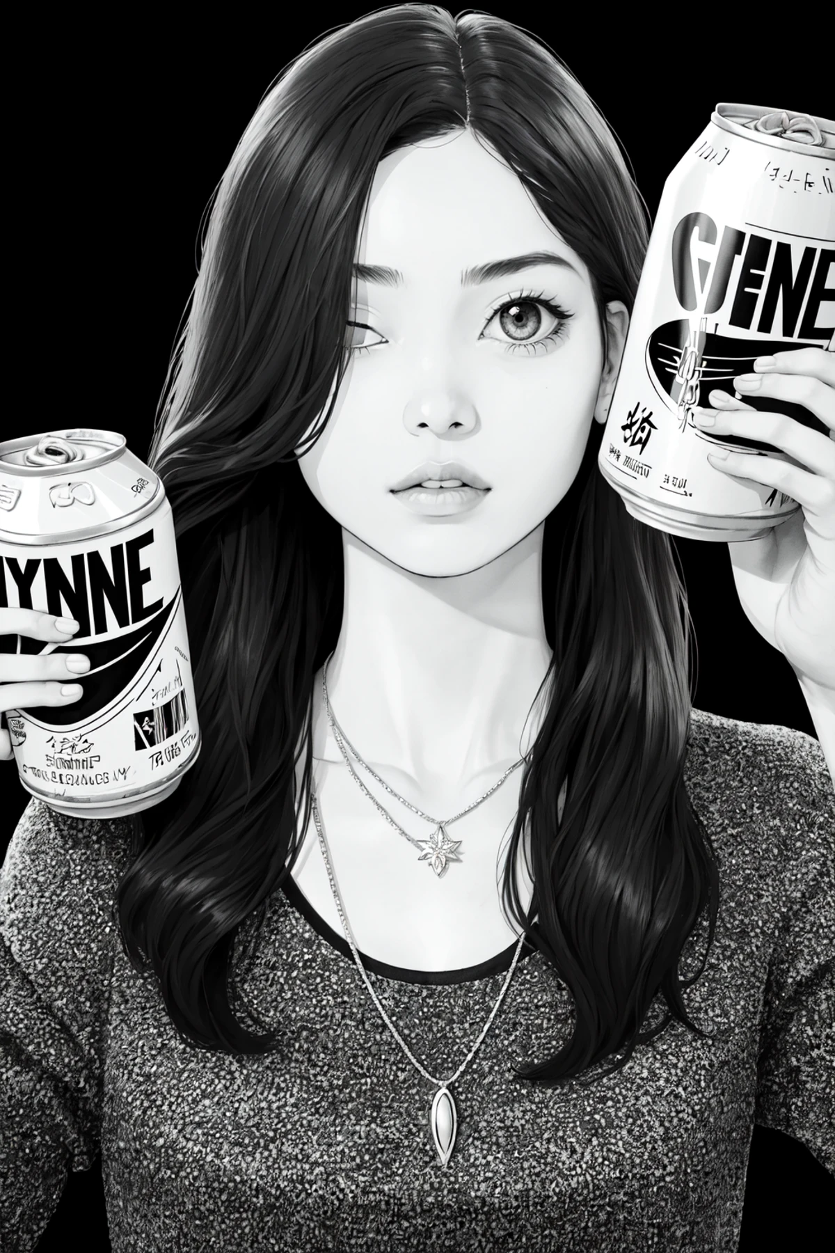 Line Art Styler, 1girl, solo, long hair, looking at viewer, holding, jewelry, monochrome, greyscale, parted lips, necklace, hair over one eye, can, holding can, beer can<lora:Line_Art_Lora:0.8>