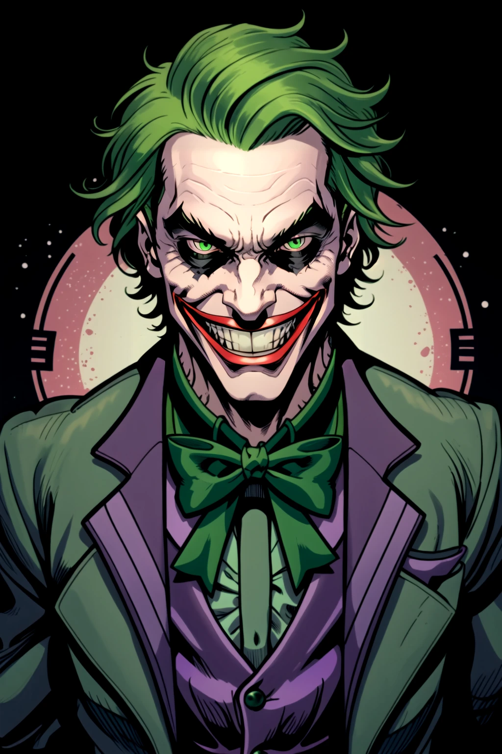 Line Art Styler, solo, smile, 1boy, bow, male focus, teeth, bowtie, grin, evil smile, evil grin, green hair, Joker<lora:Line_Art_Lora:0.5>