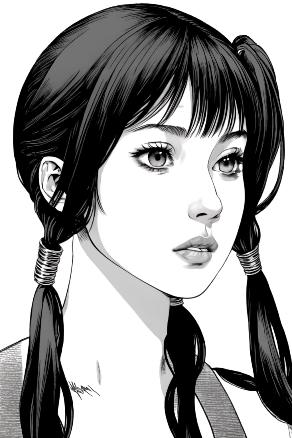 Line Art Styler, 1girl, solo, long hair, simple background, white background, twintails, closed mouth, monochrome, greyscale, signature, lips, portrait <lora:Line_Art_Lora:1.4>