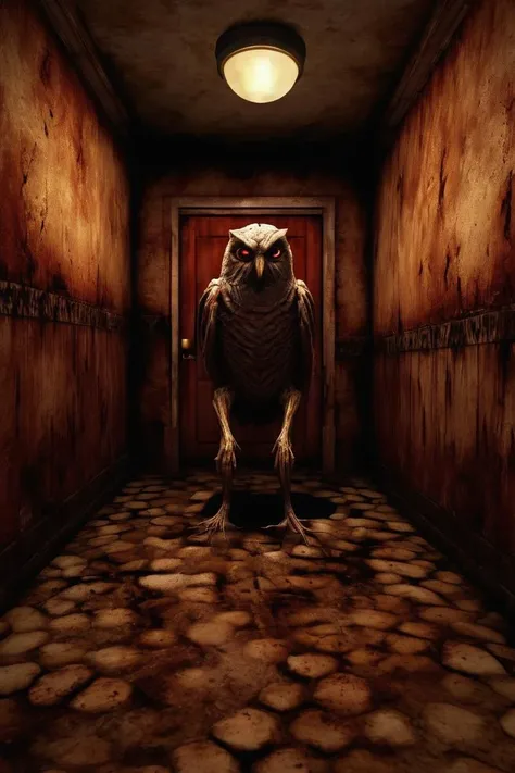 silent hill style,  Perfect global lighting, photo of a ultra reaslistic and terrorifyng monster, in a ancient washroom, sinister environment, (ultra-detailed aspect), (Ultra realistic), owl mosnter, horror style<lora:silent_hill_xl:1>
