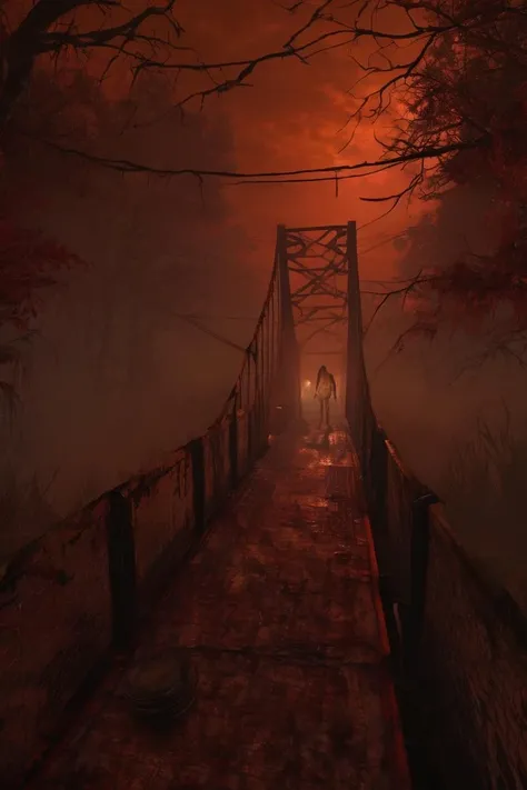 silent hill style, zombie, horror \(theme\), end of the world, blood, outdoors, night time, forest, outdoors, darm, ultra quality, high quality, ray tracing, fine details, fog, foggy , bridge<lora:silent_hill_xl:1>