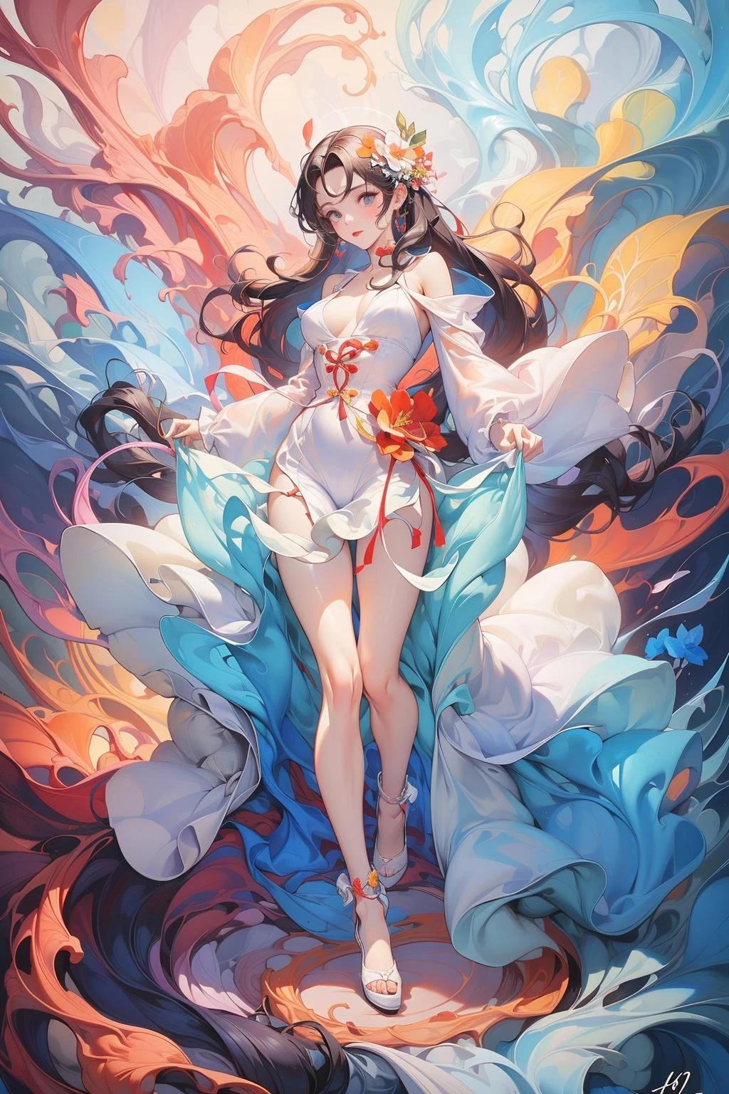 masterpiece,best quality,ultra-detailed,1girl,full body,flower,<lora:马å¡é¾:0.7>,white dress,