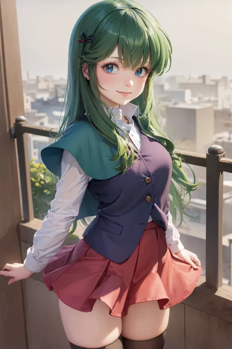 (masterpiece, best quality:1.2), <lora:dreamhunterrem_ayanokouji-10:1>, cowboy shot, solo, 1girl, ayanokouji rem, smile, looking at viewer, long sleeves, capelet, red skirt, thighhighs