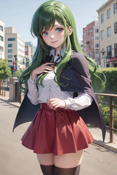 (masterpiece, best quality:1.2), <lora:dreamhunterrem_ayanokouji-10:1>, cowboy shot, solo, 1girl, ayanokouji rem, smile, looking at viewer, long sleeves, capelet, red skirt, thighhighs