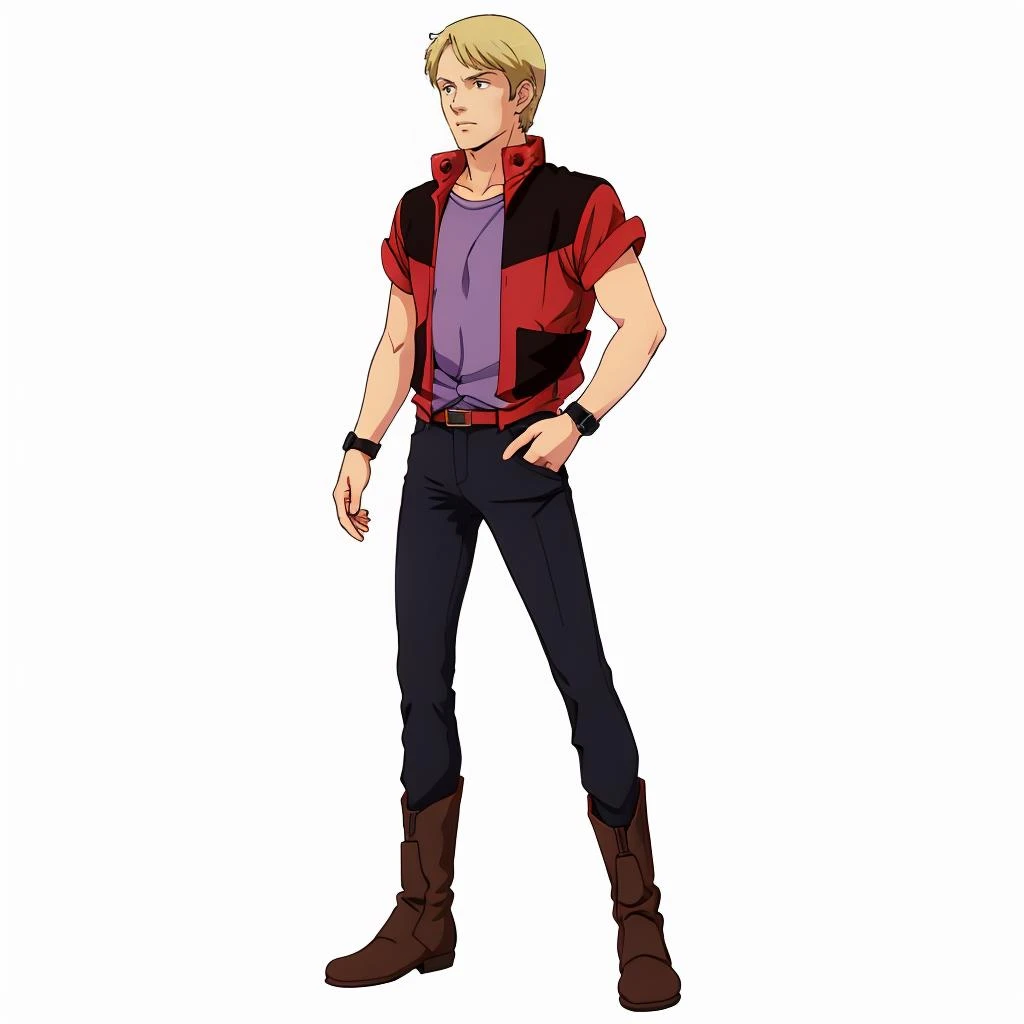 masterpiece,high quality,white background,solo,
<lora:torres002:0.7>,
short hair,blonde hair,black eyes,
jacket,uniform,shirt,short sleeves,open jacket,
wristwatch,
pants,
boots,
full body,standing,