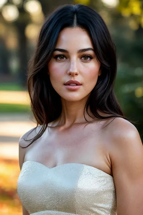 beautiful woman (mbe11ucci-120:.99), (closeup portrait), face focus, realistic, (detailed:1.15),(film grain, skin details, 4k:1), smile, Dappled Light, analog style (look at the viewer), (skin texture), (film grain), (hyper-realistic texture skin:1.3), cinematic light, sidelighting, ultra high res, best shadow, RAW, beautiful hair, fashionable skirt, elegant strapless dress, winter city park, professional model photoshoot, hdr, sunset,