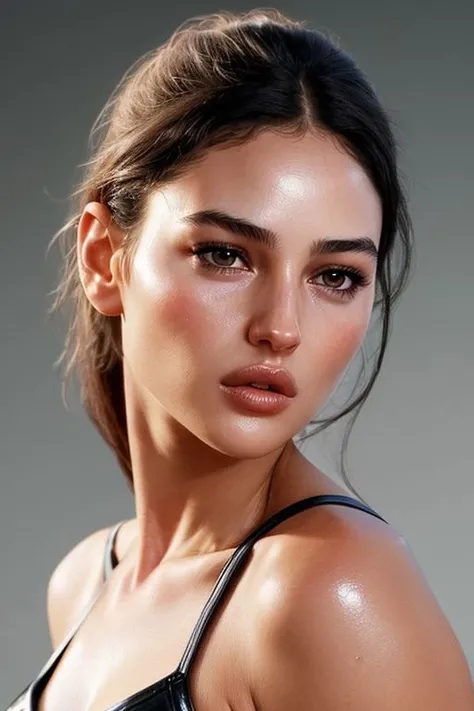 (CR-MonicaB3llucci-v10-JernauGurgeh:0.95), face closeup photo of young woman in gradient grey background, (oiled shiny skin:1.0), (tilted angle shot:1.1), tilted head pose, undercut hair,
8k uhd, high quality,