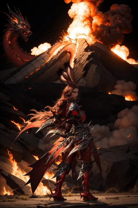 (masterpiece, best quality, high quality, highres, ultra-detailed, perfect lighting), night:2, a path up to a misty:2 chinese mountain, epic lighting, moonlight, fireballs falling from sky, firesparks, downhill,fire, mountain, night sky, gray clouds, volcano dust, outdoors, ADDBASE <lora:ChineseDragon_v02:0.5> (((red flaming dragon))) rising from the top of an erupting volcano
BREAK <lora:vii_v14_dragoon2_d128_a64_e3_r10_sd15:0.8>,  vii, long wavy red hair, ((long red rabbit ears)), glowing yellow eyes, large breasts,  spear:2, weapon, armor, ass, full body, from side, sideways, hero pose, ((((dynamic pose)))), looking down at viewer,, (hero view:1.5)