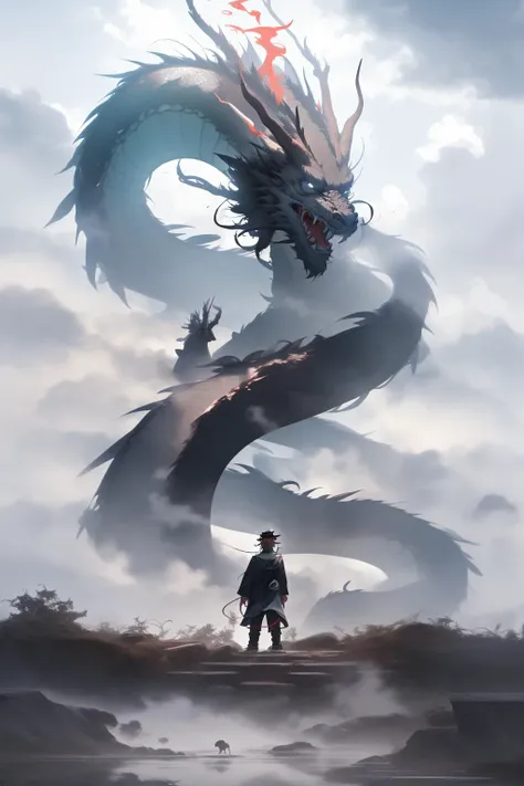 chinesedragon, dragon, letterboxed, holding, outdoors, bird, standing, cloud, 1boy, weapon, from behind, sky, cloudy sky, animal, holding weapon, eastern dragon, monster, 1other, hat, fog