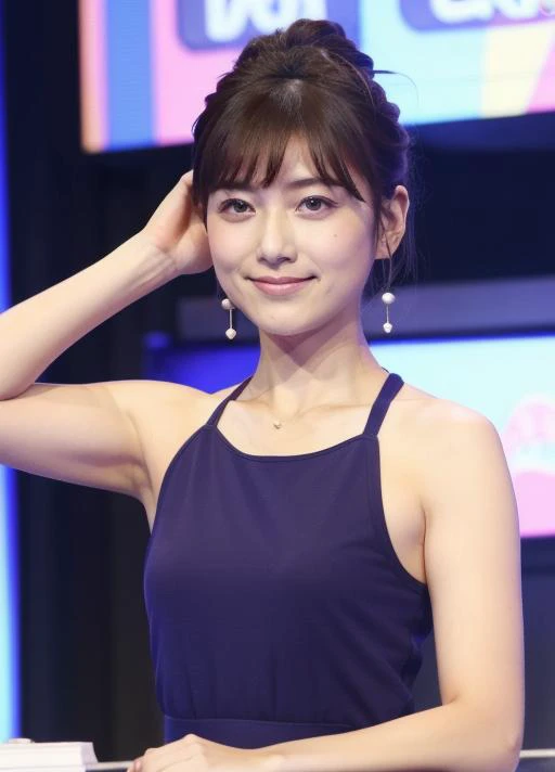 masterpiece,best quality,higher, 1girl, <lora:joshiana:1>, (announcer),armpit