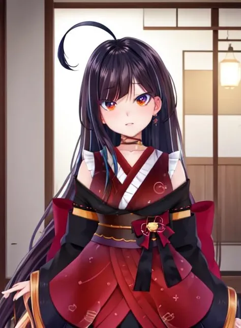 best quality, (masterpiece),(ultra-detailed), (high quality), (high resolution), <lora:KotoriHikari-10:0.7>,kotorihikari, long hair, choker, kimono, japanese clothes, ahoge, multicolored hair, bangs