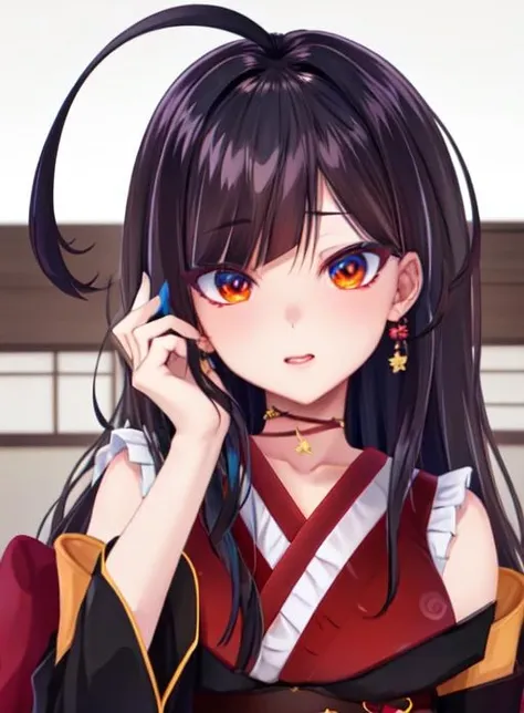 best quality, (masterpiece),(ultra-detailed), (high quality), (high resolution), <lora:KotoriHikari-10:0.7>,kotorihikari, long hair, choker, kimono, japanese clothes, ahoge, multicolored hair, bangs