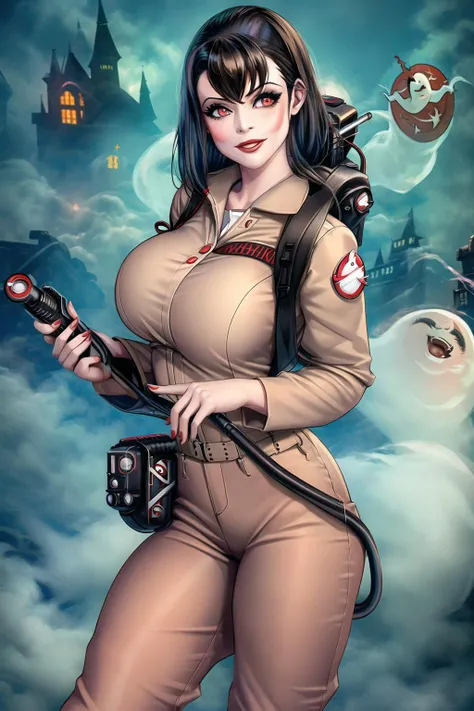 (ghostbuster uniform:1.2), vampirella, gigantic breasts, red eyes, lips, looking at viewer, smile, khaki pants, haunted house, lightning, bare tree, mansion, cliff, spooky, <lora:Vampirella V2:0.6>, <lora:Ghostbuster5:0.8>