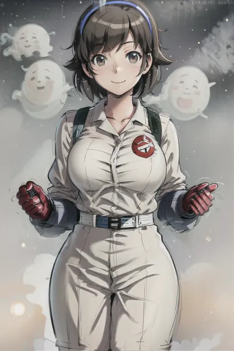 (ghostbuster uniform), khaki, takahara ayumi, hairband, wide hips short hair, large breasts, school, night, smile, 1girl, solo, <lora:Ghostbuster Uniform V4:0.8>, <lora:Takahara Ayumi V2:0.6>