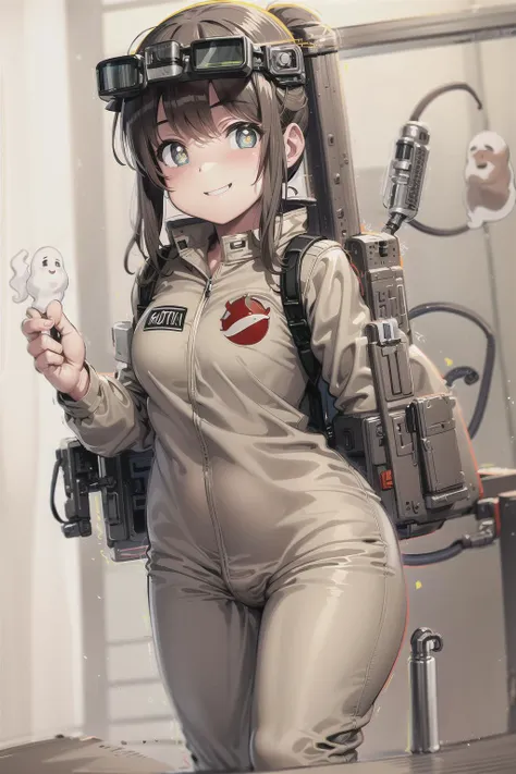 (khaki ghostbuster uniform), protopack, ghostbuster logo, (white pupils), (wide hips), flat chest, goggles, mature female, office, indoors, long hair, solo, 1girl, smile, <lora:Ghostbuster Uniform V4:0.6>