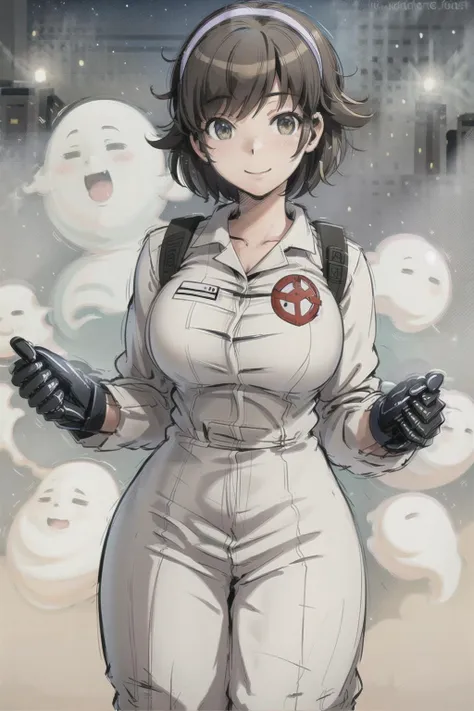 (ghostbuster uniform), khaki, takahara ayumi, hairband, wide hips short hair, large breasts, school, night, smile, 1girl, solo, <lora:Ghostbuster Uniform V4:0.8>, <lora:Takahara Ayumi V2:0.6>