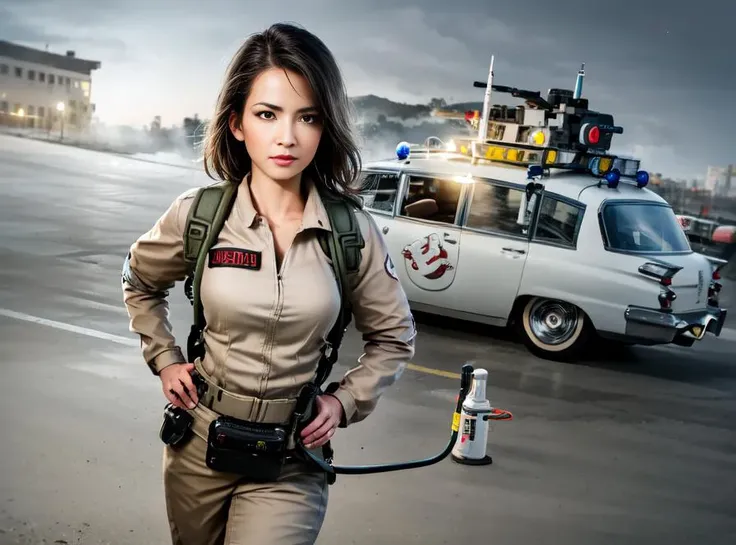 Highly detailed RAW full color high quality wide-angle 16mm photograph top view from above of (((1girl))) wearing ((ghostbuster uniform)) ((protopack)) ((hands on hips in front of ecto_1)) dark asylum (((at night))), ((midnight)), ecto_1 headlights on emergency lights on  tinted windows, large breasts, ((cinematic, studio lighting)), intricate, photorealistic, clean, clear, hyper-realism, hyper-realistic, high-res, 4k, 8k, dramatic, epic composition, sharp foucs, shallow depth of field, bokeh, ((nighttime)), professional, HDR, lens flare, (((green supernatural lighting in sky))), helmet <lora:Ecto-1:0.4>  <lora:Ghostbuster:0.6>  <lora:HardSurface_beta:0.25>