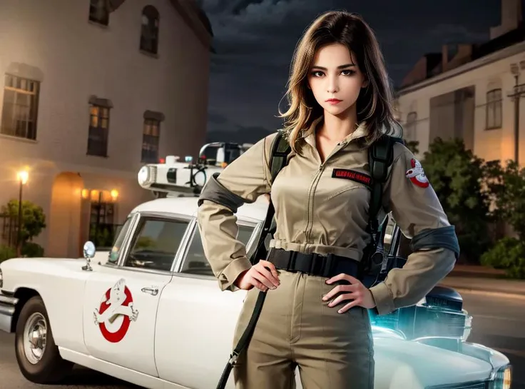 Highly detailed RAW full color high quality wide-angle 16mm photograph top view from above of (((1girl))) wearing ((ghostbuster uniform)) ((protopack)) ((hands on hips in front of ecto_1)) dark asylum (((at night))), ((midnight)), ecto_1 headlights on emergency lights on  tinted windows, large breasts, ((cinematic, studio lighting)), intricate, photorealistic, clean, clear, hyper-realism, hyper-realistic, high-res, 4k, 8k, dramatic, epic composition, sharp foucs, shallow depth of field, bokeh, ((nighttime)), professional, HDR, lens flare, (((green supernatural lighting in sky))), helmet, khaki pants, <lora:Ecto-1:0.4>  <lora:Ghostbuster:0.6>  <lora:HardSurface_beta:0.25>