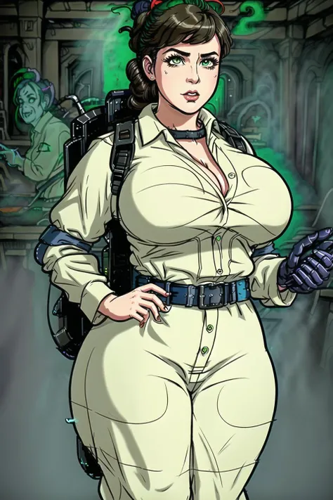 ghostbuster uniform, girl, ghost buster, ghostbuster patch, sexy, cleavage, big boobs, busty, curvy, soft body, thick thighs, hour-glass figure, long legs, detailed eyes, big eyes, matching eyes, perfect face, lips, cute nose, anime style, retro anime, comic, manga, illustration, demonic beings, summoning demons, masterful artwork, fantasy art, demons and dragons, dungeons and dragons, magic the gathering, 1970's fantasy, Americana, 80's , professional illustration, professional animation, texture, animated character, perfectly drawn, warehouse setting, spooky, plasma ghosts, detailed background, spooky background, ghost, horror elements, horror film, big eyes, green eyes, <lora:ghostbusterUniforms:1>