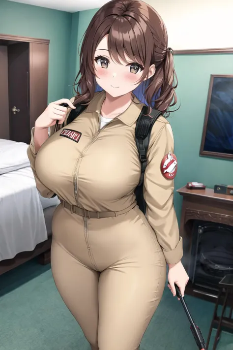 ghostbuster uniform, large breasts, wide hips, indoors, full body, hotel room, protopack, <lora:Ghostbuster5:0.6>