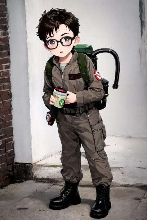 ghostbuster uniform, 1boy, male child, (sewer), underground, protopack, full body, glasses, black boots, <lora:Ghostbuster5:0.6>