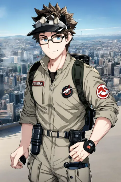 ghostbuster uniform, 1male, cityscape, protopack, stubble, spiked hair, glasses, visor cap, <lora:Ghostbuster5:0.6>