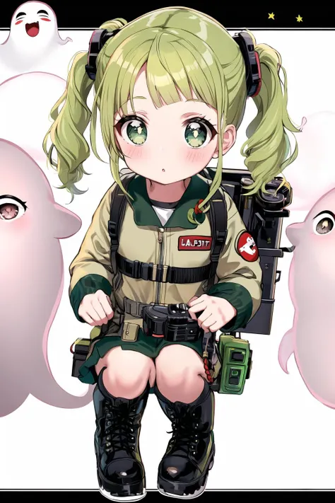 ghostbuster uniform, 1girl, female child, pigtails, underground, protopack, full body, scrunchie, (cave), ghost, black boots, blonde hair, green eyes, white pupils, <lora:Ghostbuster5:0.6>