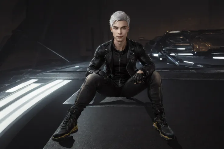 (masterpiece, best quality, ultra-detailed, highres, best illustration),perfect face, ((solo, solo focus)),sidelighting, lustrous skin,(bloom), (shine), ray tracing,pants, multiple boys, 4boys, male focus, jacket, smile, looking at viewer, vest, bodysuit, open clothes, upper body, white hair, piercing, open jacket, gloves, signature, open vest, 5boys, sleeveless, animification,depth_of_field, sci fi background,very detailed background,extreme light and shadow,(detailed eyes), (beautiful) beautiful detailed eyes, perfect lighting , perfect anatomy,(extremely detailed illustrated 8k wallpaper),(masterpiece), (best quality), (ultra-detailed), (best illustration),(best shadow), vivid colors,full body,  <lora:SLDcSamFantasyJello:1>