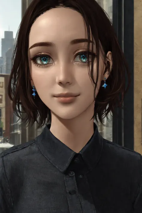 Second Life, (masterpiece, best quality, ultra-detailed, highres, best illustration),perfect face, ((solo, solo focus)),sidelighting, lustrous skin,(bloom), (shine), ray tracing,solo, 1girl, solo, jewelry, earrings, green eyes, looking at viewer, upper body, smile, gem, black hair, lips, short hair, glowing, closed mouth,depth_of_field, city background,very detailed background,extreme light and shadow,(detailed eyes), (beautiful) beautiful detailed eyes, perfect lighting , perfect anatomy,(extremely detailed illustrated 8k wallpaper),(masterpiece), (best quality), (ultra-detailed), (best illustration),(best shadow), vivid colors,full body,  <lora:SLDcSamFantasyJello:1>