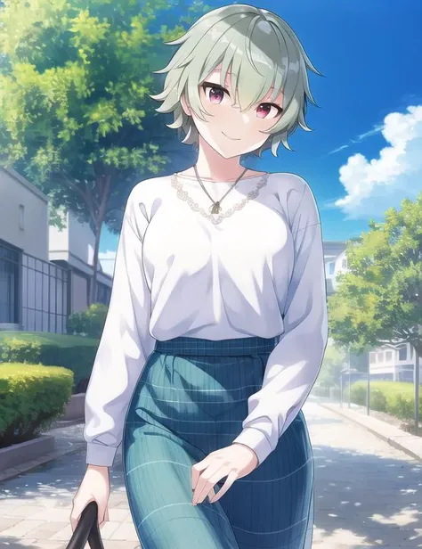 ultra high quality illustration, anime, high quality , 8k, masterpiece, realistic human female, realistic proportions, detailed face, smooth soft skin, realistic dreamy eyes, beautiful intricate colored hair, symmetrical, intricately detailed hair, soft lighting, detailed eyes, beautiful, (looking at the viewer), smooth skin, perfect skin, (beautiful detailed face), Kano Shiho, looking at viewer, smile, red eyes, skirt, shirt, white shirt, outdoors, tree, sky, striped skirt, blue skirt