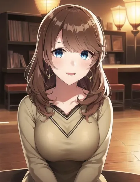ultra high quality illustration, anime, high quality , 8k, masterpiece, realistic human female, realistic proportions, detailed face, smooth soft skin, realistic dreamy eyes, beautiful intricate colored hair, symmetrical, intricately detailed hair, soft lighting, detailed eyes, beautiful, (looking at the viewer), smooth skin, perfect skin, (beautiful detailed face), Yomine Miharu, long hair, looking at viewer, blush, smile, bangs, blue eyes, brown hair, ((side slit), (oxfords), (legwear garter)), upper body