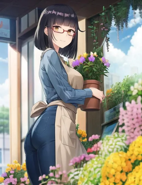 ultra high quality illustration, anime, high quality , 8k, masterpiece, realistic human female, realistic proportions, detailed face, smooth soft skin, realistic dreamy eyes, beautiful intricate colored hair, symmetrical, intricately detailed hair, soft lighting, detailed eyes, beautiful, (looking at the viewer), smooth skin, perfect skin, (beautiful detailed face), black hair, yellow eyes, smile, bangs, satori utsugi, jewelry, short hair, (bob cut):1.5, bangs, skirt, shirt, long sleeves, holding, flower, outdoors, glasses, day, striped, pants, blunt bangs, apron, blue shirt, plant, semi-rimless eyewear, pink flower, red-framed eyewear, under-rim eyewear, striped shirt, yellow flower, purple flower, potted plant, shop